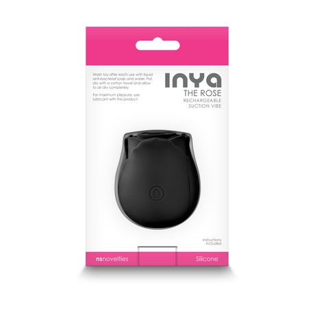 INYA The Rose Black Air Suction Clitoral Vibrator packaging featuring sleek design and usage instructions.