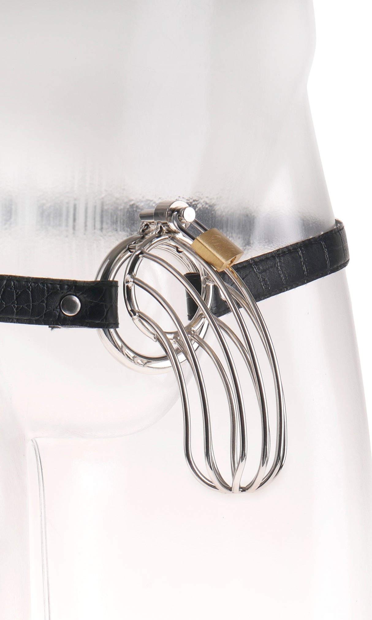 Fetish Fantasy Extreme The Prisoner Steel Cock Cage Silver displayed on a mannequin, showcasing its chrome finish and design.