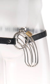 Fetish Fantasy Extreme The Prisoner Steel Cock Cage Silver displayed on a mannequin, showcasing its chrome finish and design.