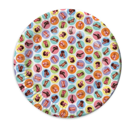Little Genie Mini Penis Plates 8 Pack Party Favor displaying a colorful assortment of playful penis designs.