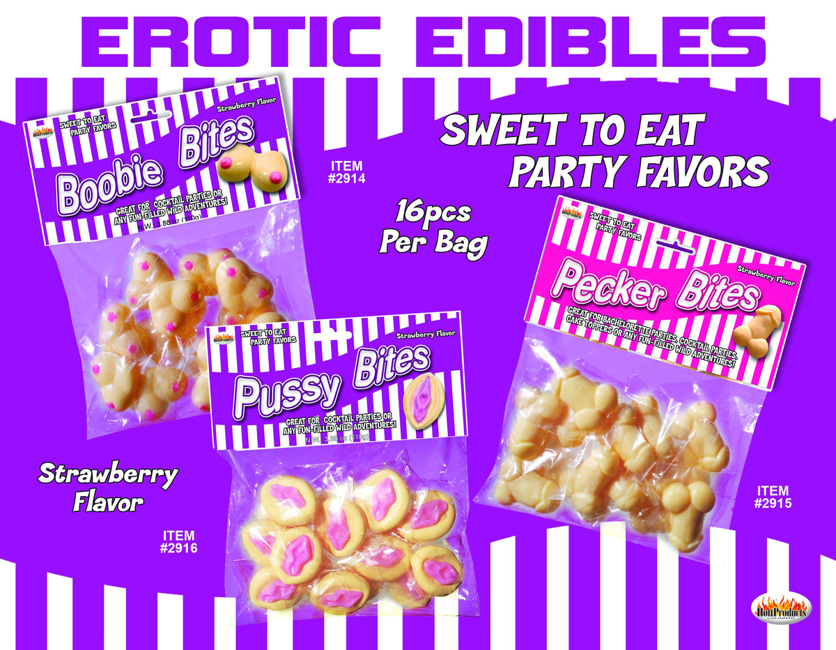 Boobie Bites Strawberry Flavored Candy Chews packaged with Pussy Bites and Pecker Bites for party favors.