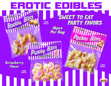 Boobie Bites Strawberry Flavored Candy Chews packaged with Pussy Bites and Pecker Bites for party favors.