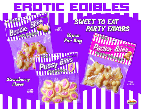 Pecker Bites Strawberry Flavored Candy 16 Pack with playful packaging for adult parties.