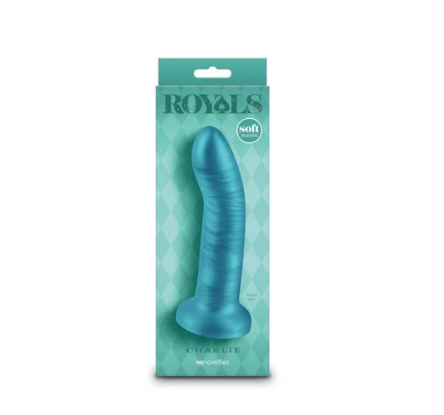 Royals Charlie 6 Inch Silicone Suction Cup Dildo Teal displayed in packaging with a sleek design.