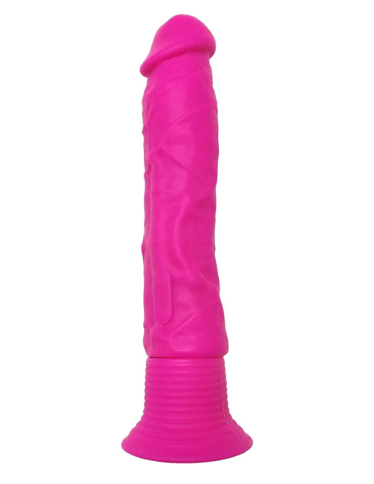 Neon Silicone Wall Banger Vibrating Dildo Pink with realistic shape and strong suction cup base.