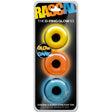 Rascal D-Ring Glow X3 Glow in the Dark Cock Rings three piece donut kit in blue, orange, and yellow.