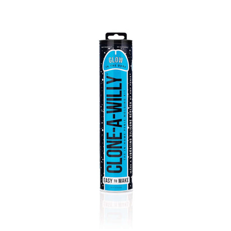 Clone-A-Willy DIY vibrating dildo kit in glow-in-the-dark blue packaging, easy to make, body-safe silicone.