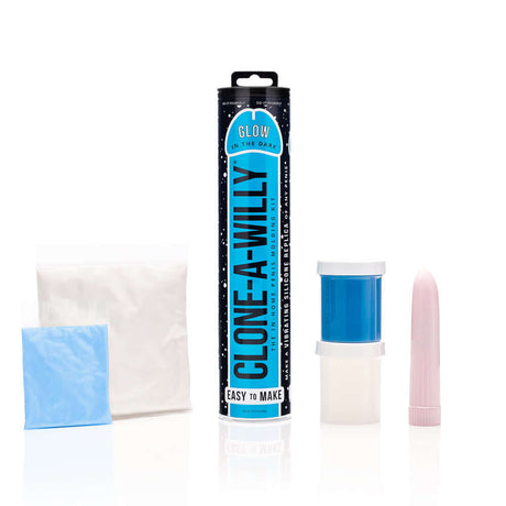 Clone-A-Willy DIY vibrating dildo kit in glow-in-the-dark blue, includes molding powders and silicone replica materials.