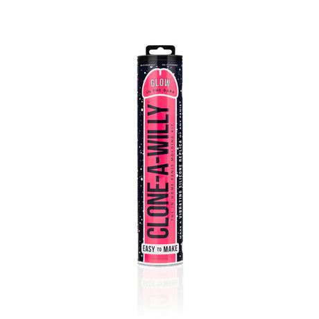 Clone-A-Willy DIY vibrating dildo kit packaging in glow-in-the-dark hot pink color, easy to make replica.