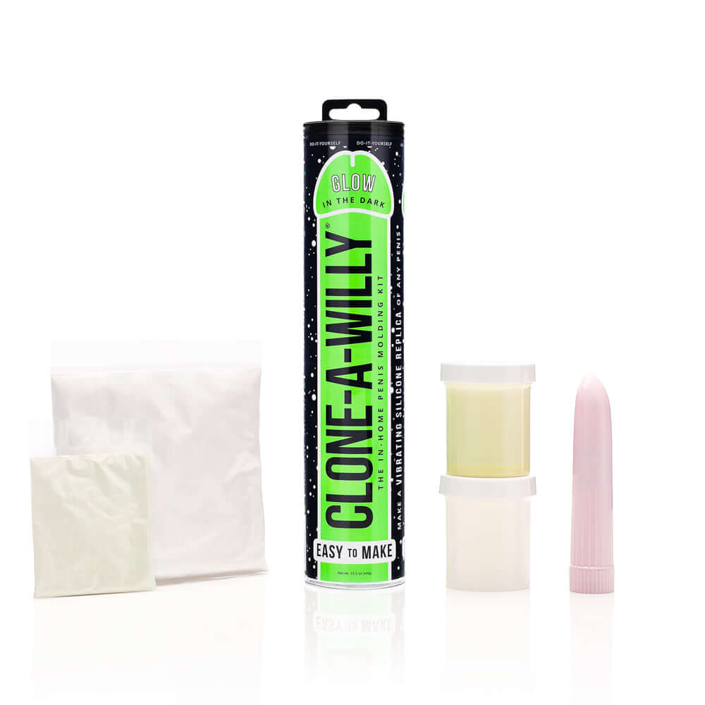 Clone-A-Willy DIY vibrating dildo kit with glow-in-the-dark silicone, including molds and powder for easy creation.