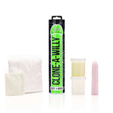 Clone-A-Willy DIY vibrating dildo kit with glow-in-the-dark silicone, including molds and powder for easy creation.