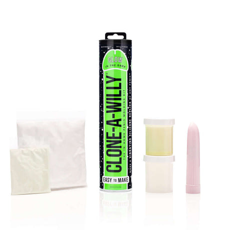 Clone-A-Willy DIY vibrating dildo kit with glow-in-the-dark silicone, including molds and powder for easy creation.