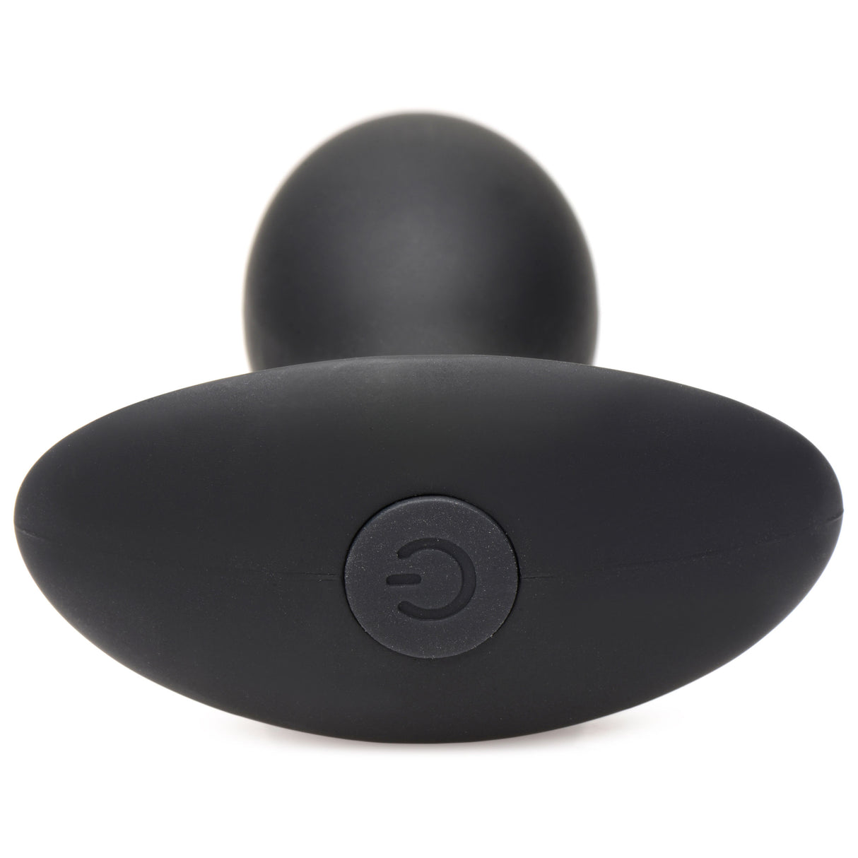 Rooster Rumbler Vibrating Silicone Butt Plug Medium with power button detail in black silicone.