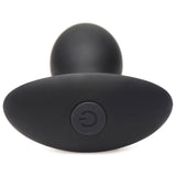 Rooster Rumbler Vibrating Silicone Butt Plug Medium with power button detail in black silicone.