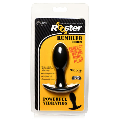 Rooster Rumbler Vibrating Silicone Butt Plug Medium packaging showcasing its features and design for anal pleasure.