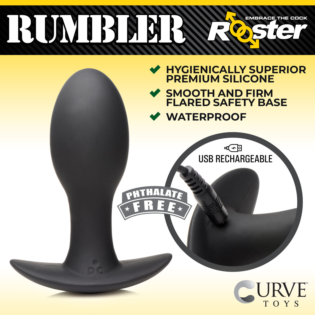 Rooster Rumbler Vibrating Silicone Butt Plug Medium with hypoallergenic silicone, waterproof, and USB rechargeable features.