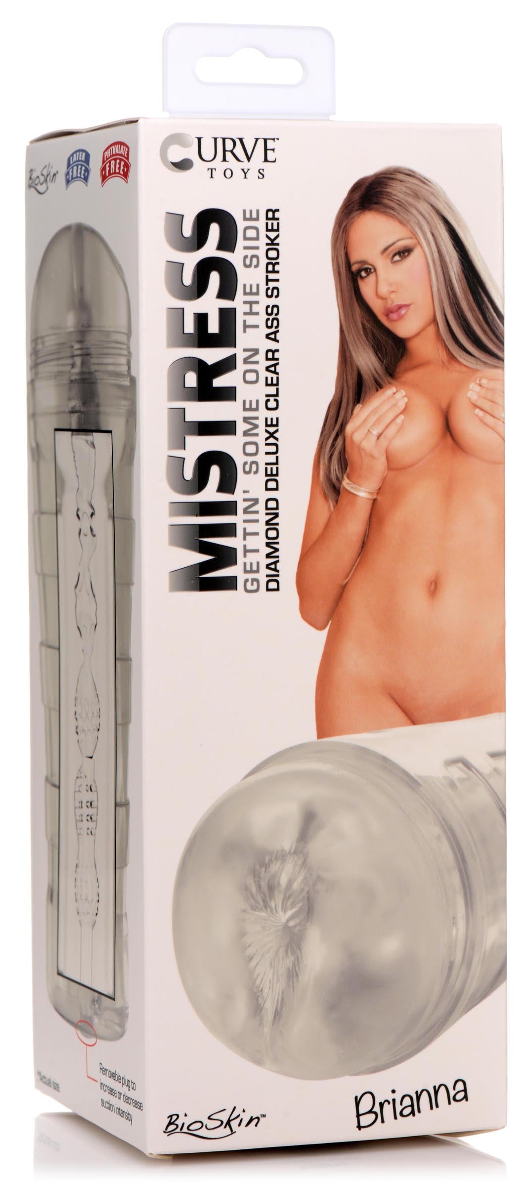Mistress Brianna Diamond Deluxe Ass Stroker Clear product packaging showing features and design details.