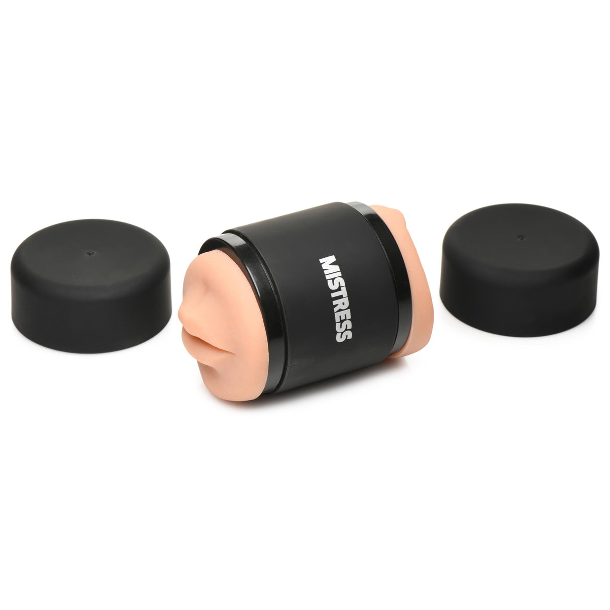 Double Shot Mouth & Ass Stroker Medium with caps on either side for travel-friendly pleasure.