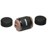 Mistress Double Shot Mouth & Pussy Stroker Dark with caps, showcasing realistic dual-entry design for enhanced pleasure.
