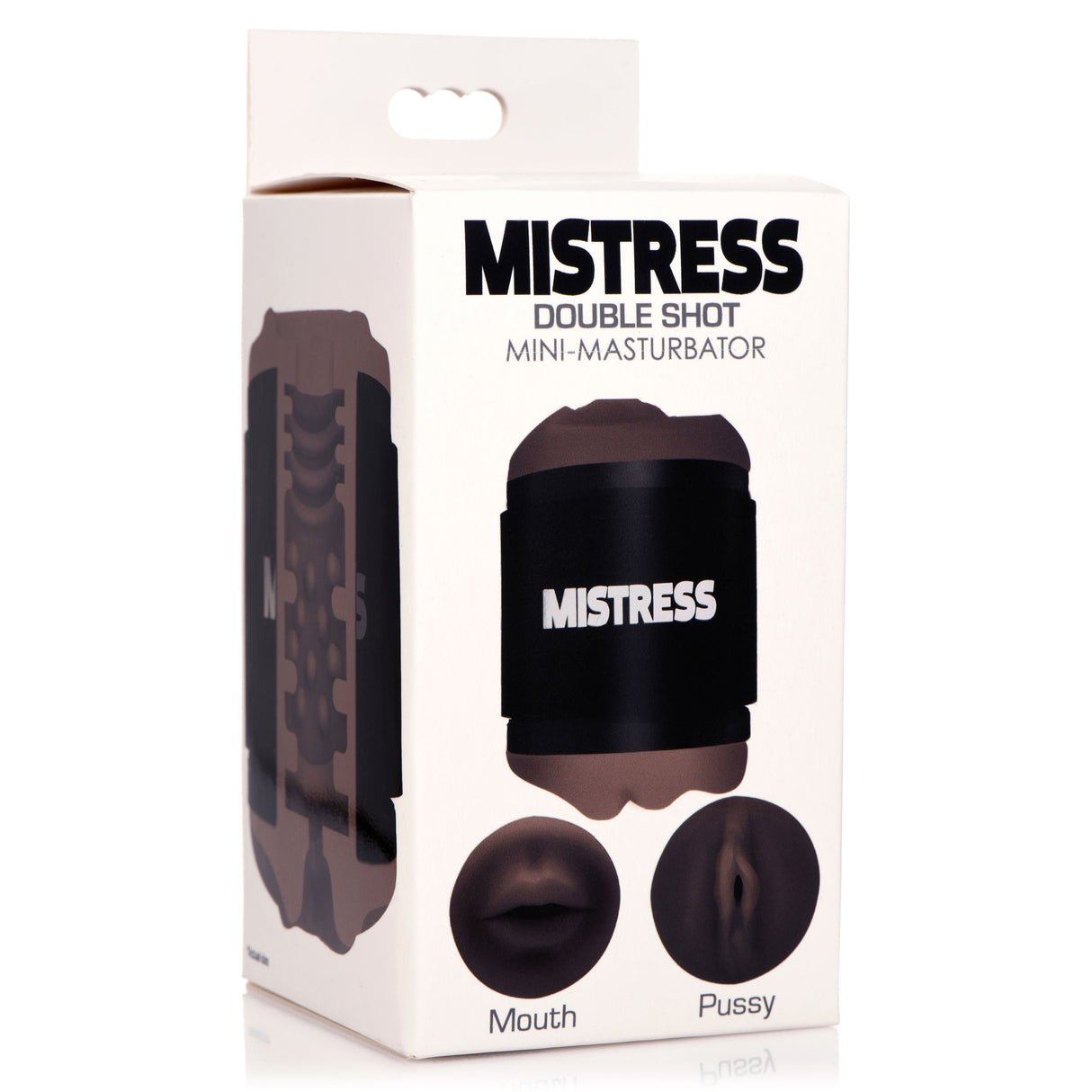 Mistress Double Shot Mouth & Pussy Stroker Dark packaging featuring mouth and pussy entrances.