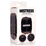 Mistress Double Shot Mouth & Pussy Stroker Dark packaging featuring mouth and pussy entrances.