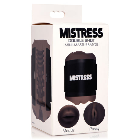 Mistress Double Shot Mouth & Pussy Stroker Dark packaging featuring mouth and pussy entrances.