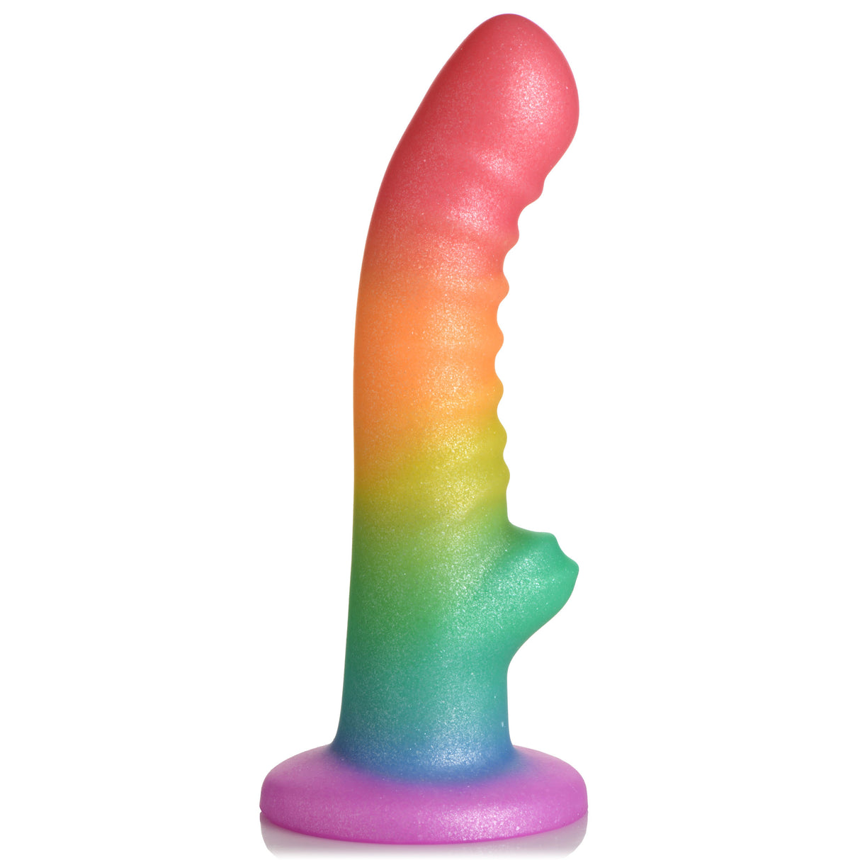 Simply Sweet Ribbed Rainbow Silicone Dildo featuring a vibrant, ribbed design for enhanced pleasure.
