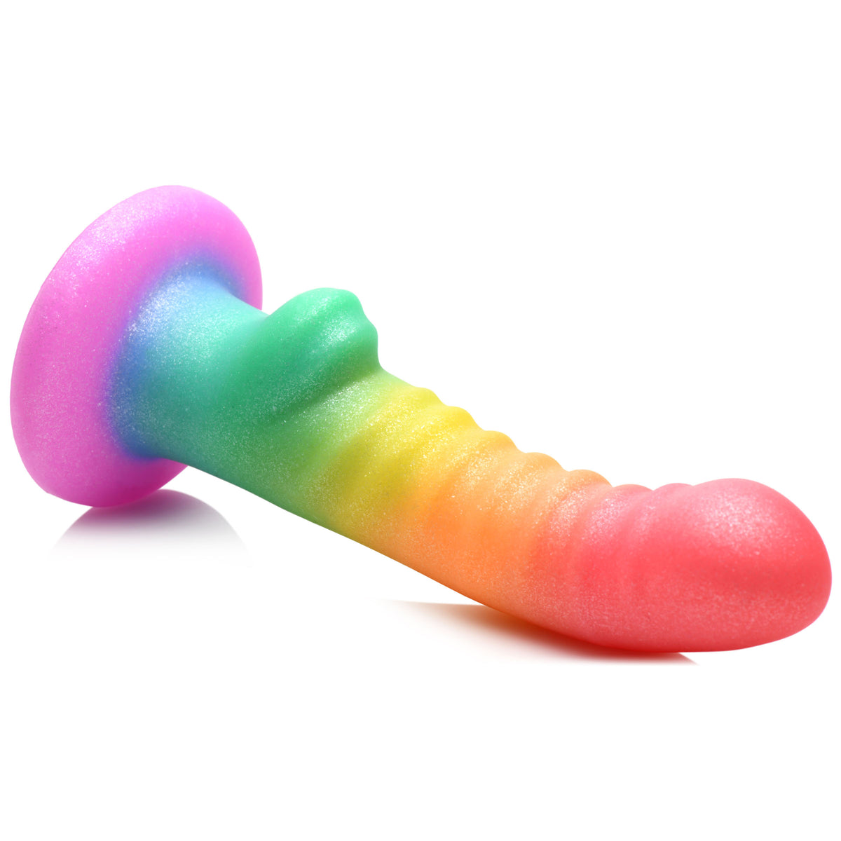 Simply Sweet Ribbed Rainbow Silicone Dildo featuring vibrant colors and ribbed texture for enhanced stimulation.