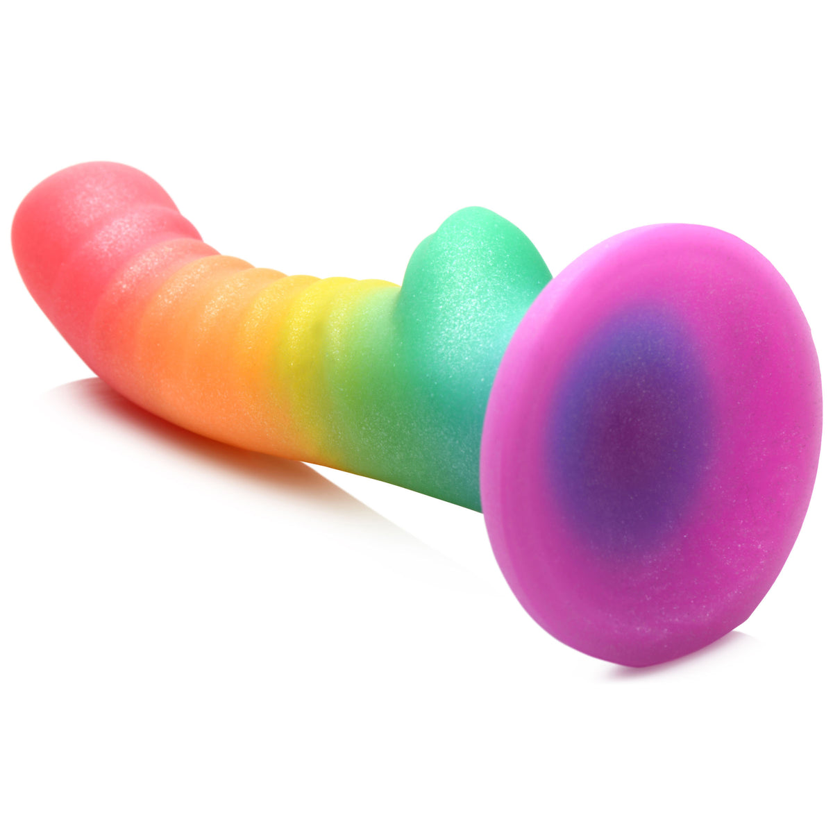 Simply Sweet Ribbed Rainbow Silicone Dildo showcasing vibrant colors and textured sensory design.