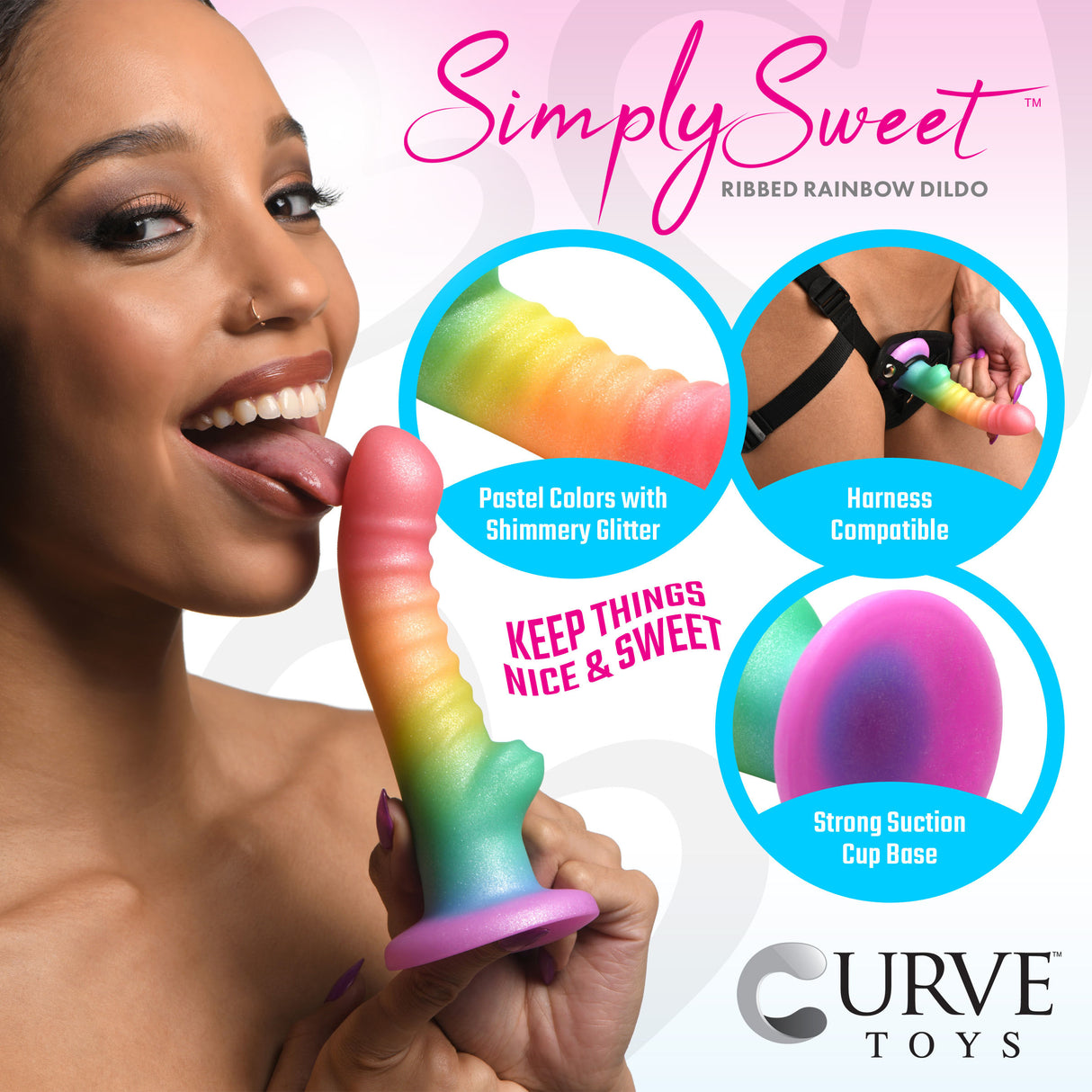 Simply Sweet Ribbed Rainbow Silicone Dildo held in hand with colorful details and shimmer, perfect for fun and play.