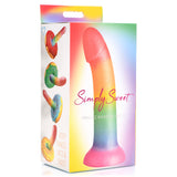 Simply Sweet 6.9 Inch Phallic Rainbow Silicone Dildo packaging with colorful design and playful branding.