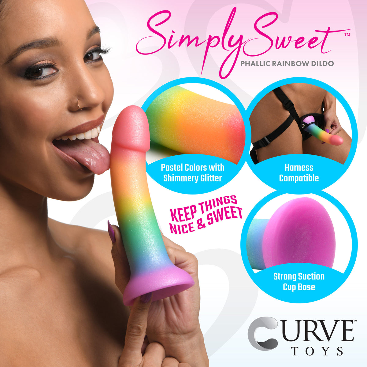 Simply Sweet 6.9 Inch Phallic Rainbow Silicone Dildo showcasing vibrant colors and features like strong suction base.