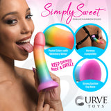 Simply Sweet 6.9 Inch Phallic Rainbow Silicone Dildo showcasing vibrant colors and features like strong suction base.