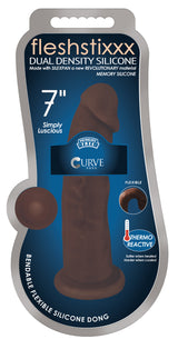 Silexpan Dark Hypoallergenic Silicone Dildo 7 Inch in packaging showcasing its dual density and thermo-reactive features.
