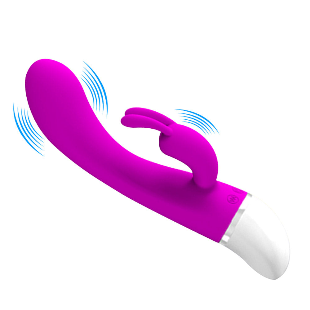 Pretty Love Freda Silicone Rabbit Vibrator Purple featuring a sleek design and curved rabbit arm for dual stimulation.