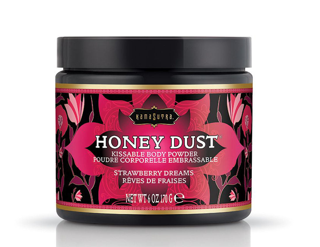 Kama Sutra Honey Dust Strawberry Dreams 6 Oz, kissable body powder with strawberry mousse fragrance in a decorative jar.