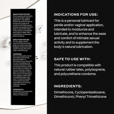 Wet Platinum Luxury Silicone Lubricant 9 Oz instructions for use and ingredients on a product label.