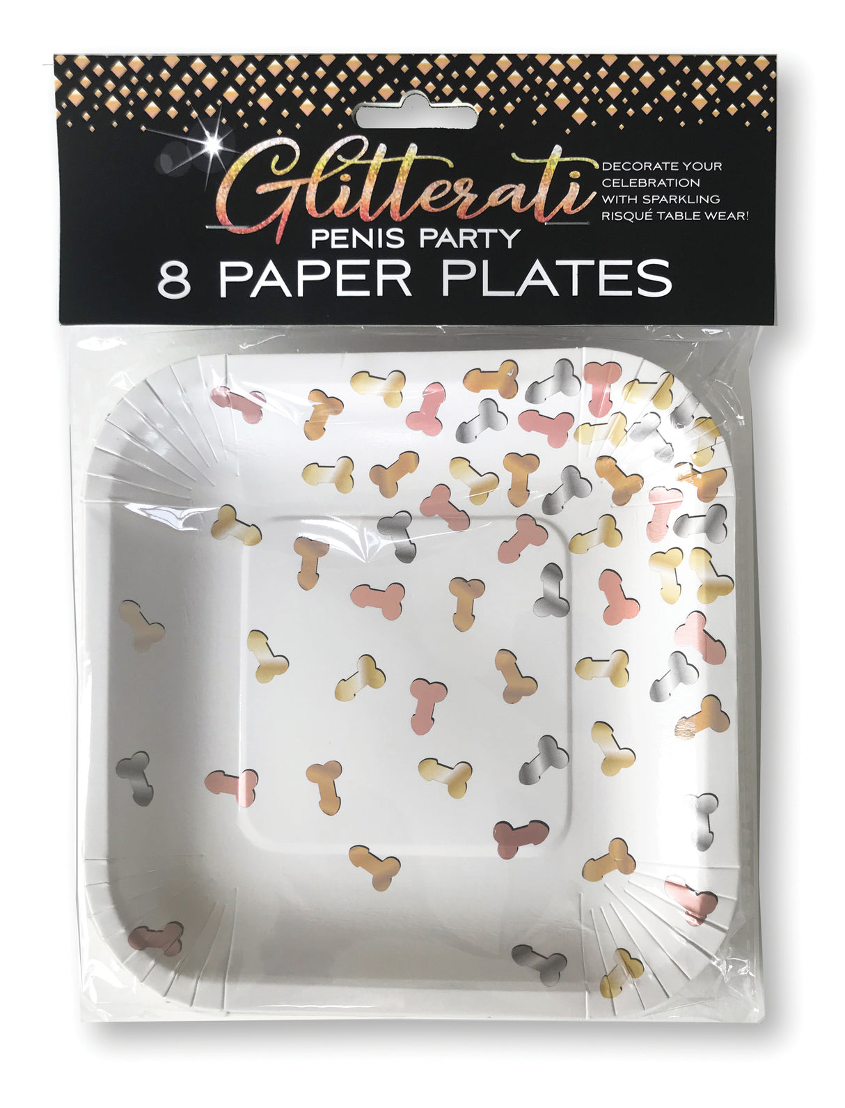 Glitterati Penis Party Paper Plates 8 Count in packaging, featuring playful penis designs in rose gold, gold, and silver.