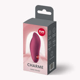 Fun Factory Charme Rechargeable Bullet Vibrator Wine Red packaging showcasing sleek design and features.