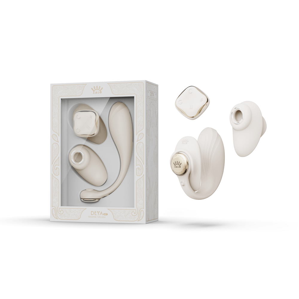 ZALO Deya Wearable Smart Dual Vibrator with App Control in elegant packaging, showcasing its innovative design and accessories.