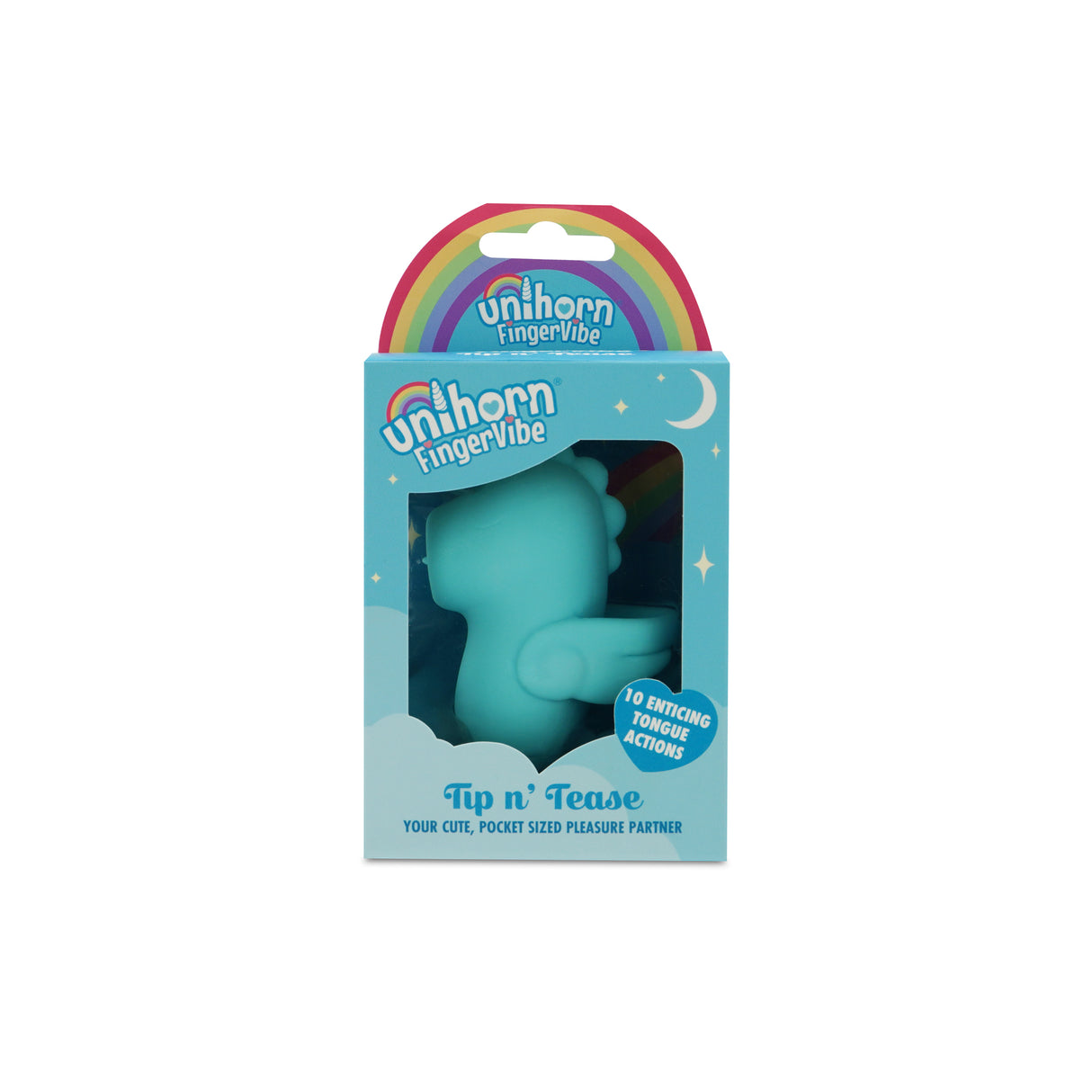 Unihorn Finger Vibe Tip N Tease Blue in playful packaging with rainbow design, showcasing a unique finger vibrator.