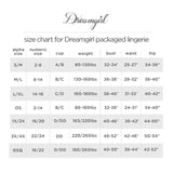 Size chart for Dreamgirl packaged lingerie, showing alpha, numeric sizes, cups, weight, bust, waist, and hip measurements.