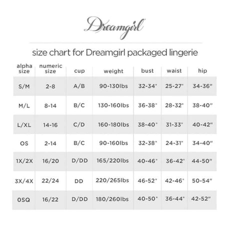 Size chart for Dreamgirl packaged lingerie including S/M, M/L, L/XL, OS, and 1X/2X dimensions.