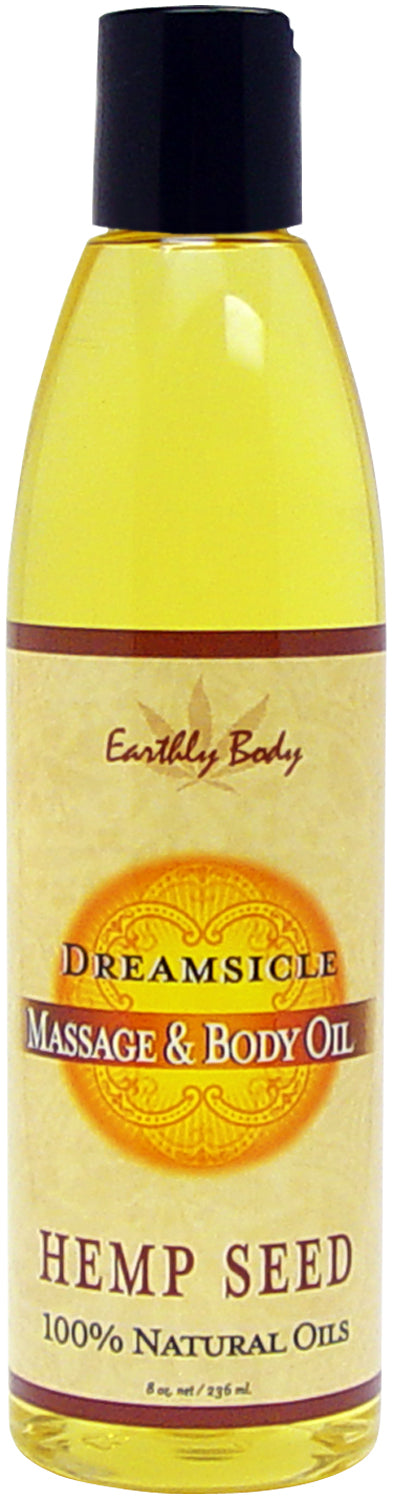 Earthly Body Massage & Body Oil Dreamsicle 8 Oz in a bottle with hemp seed oils for a nourishing massage experience.