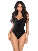 Leg Avenue Sequin Boned Bodysuit Small Black worn by a model showcasing shimmering sequins and a sculpted silhouette.