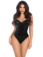 Leg Avenue Sequin Boned Bodysuit Small Black worn by a model showcasing shimmering sequins and a sculpted silhouette.