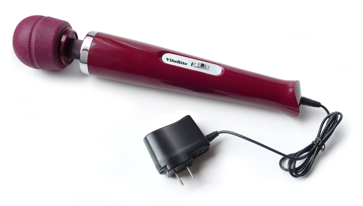 Vibe Rite Cordless 7 Speed Massager Wand Maroon with charger, showcasing its silicone head and sleek design.