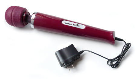 Vibe Rite Cordless 7 Speed Massager Wand Maroon with charger, showcasing its silicone head and sleek design.