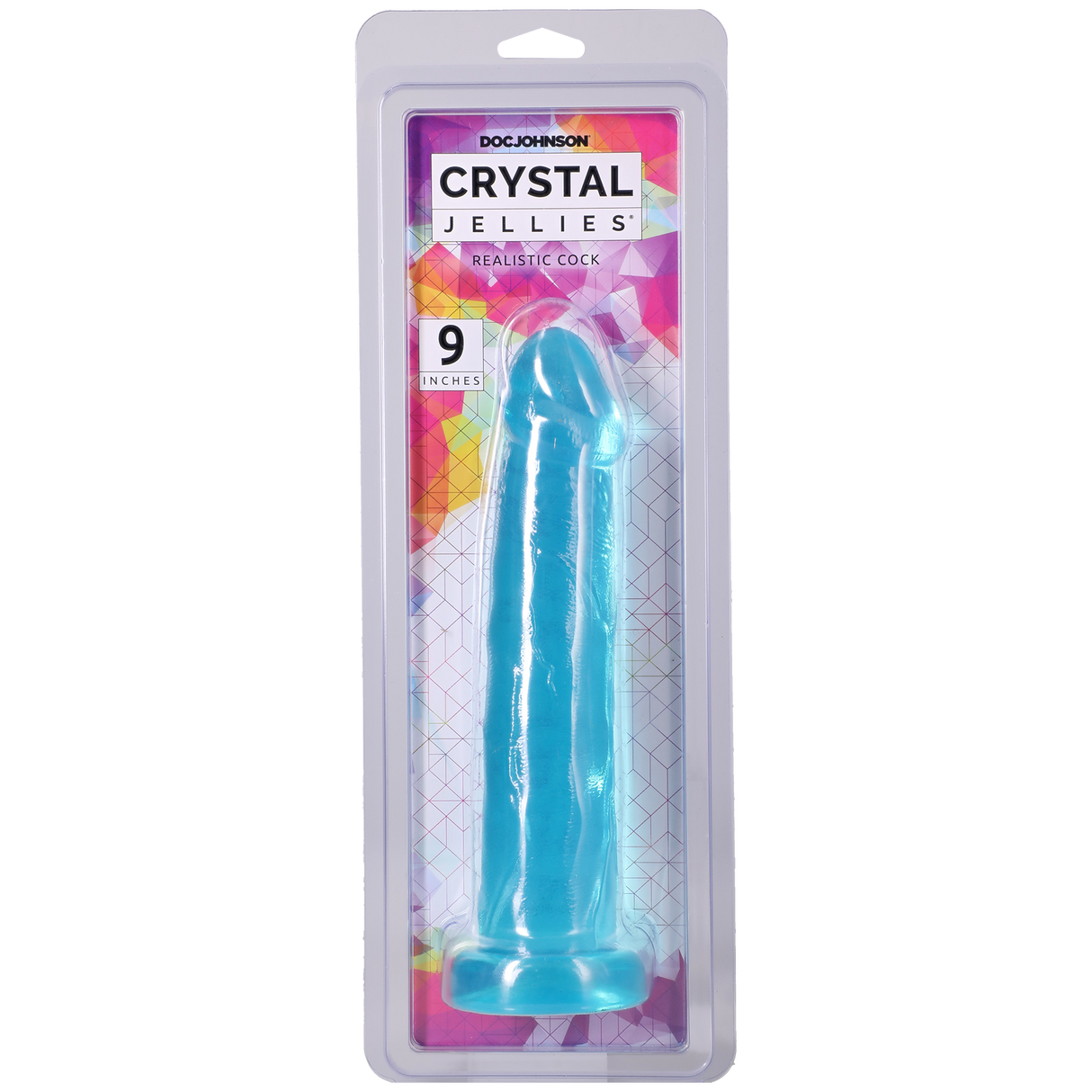 Crystal Jellies Realistic Cock 9 Inch Teal in packaging, featuring a translucent, lifelike design.