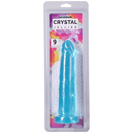 Crystal Jellies Realistic Cock 9 Inch Teal in packaging, featuring a translucent, lifelike design.
